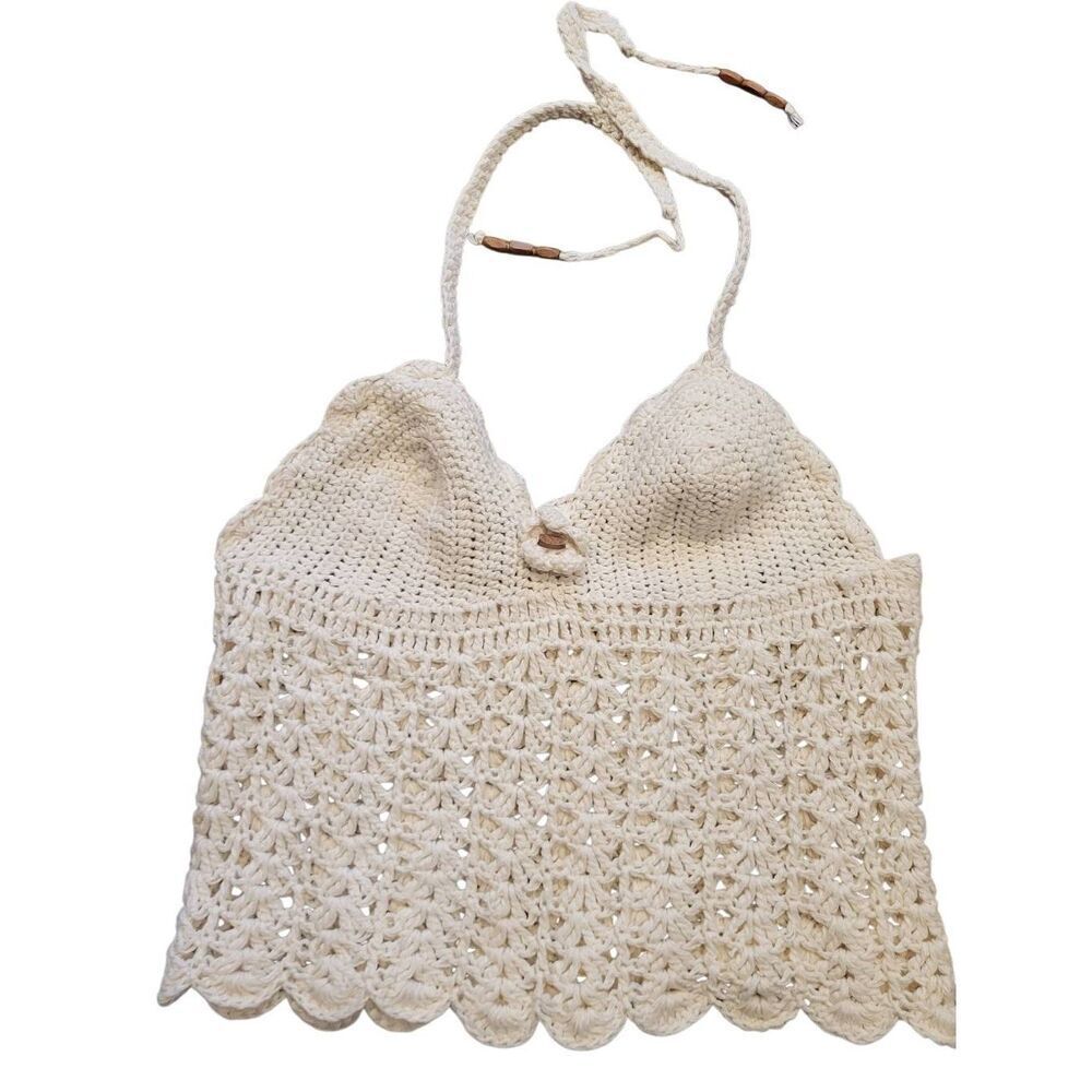 Handmade Crochet Top Women's Small Ivory Halter Flower Beach Y2K